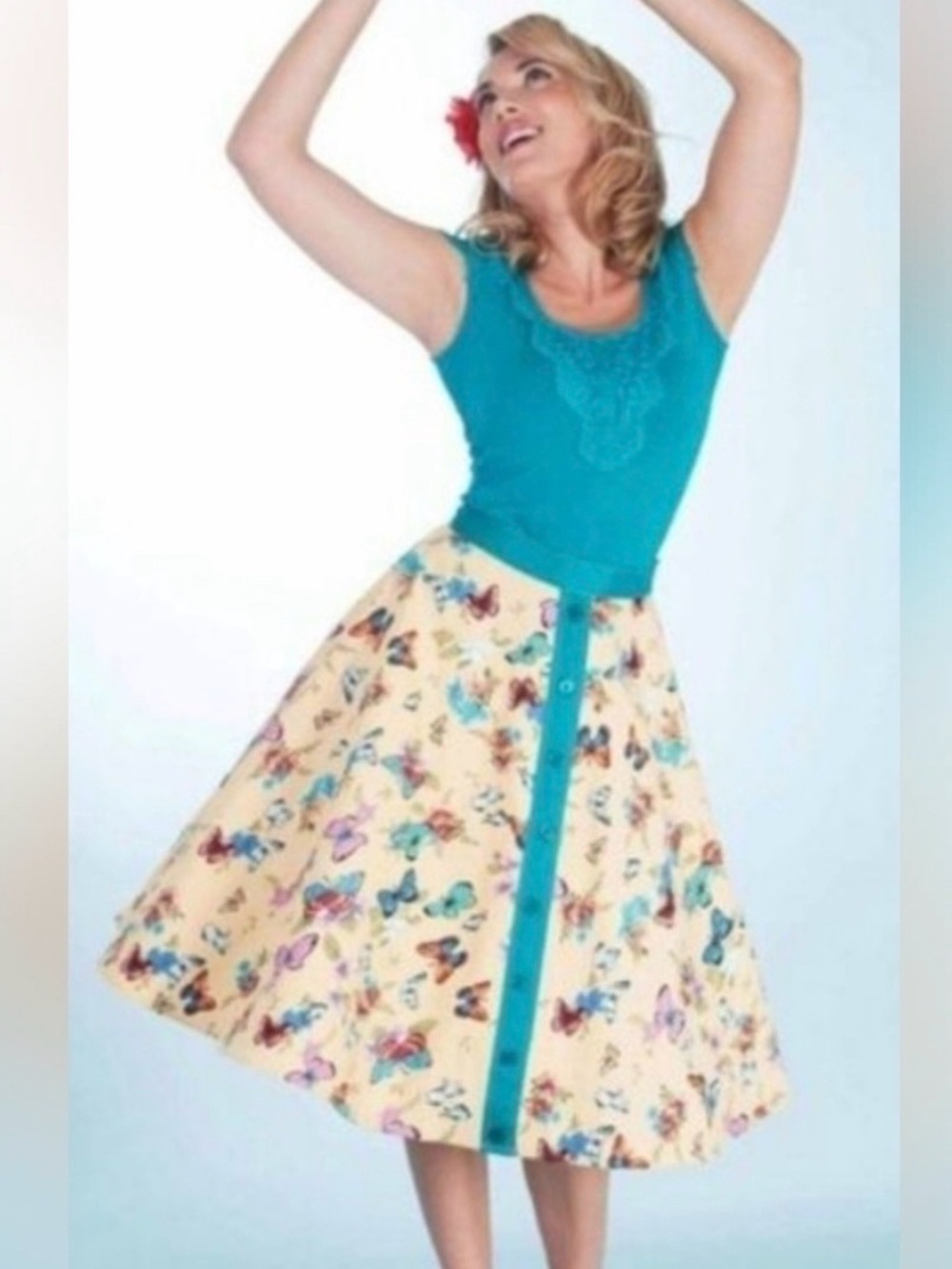 NWT: Tatyana Circle Skirt Teal Center w/Buttons Rerto Pinup Rockabilly Butterfly